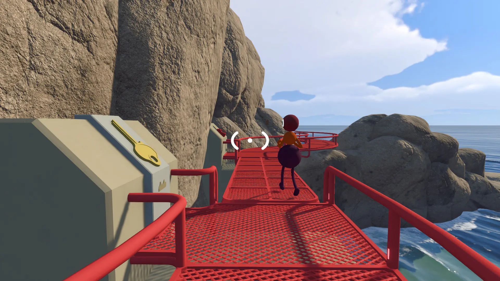 A player carrying the finished golden key along the red drawbridge walkway