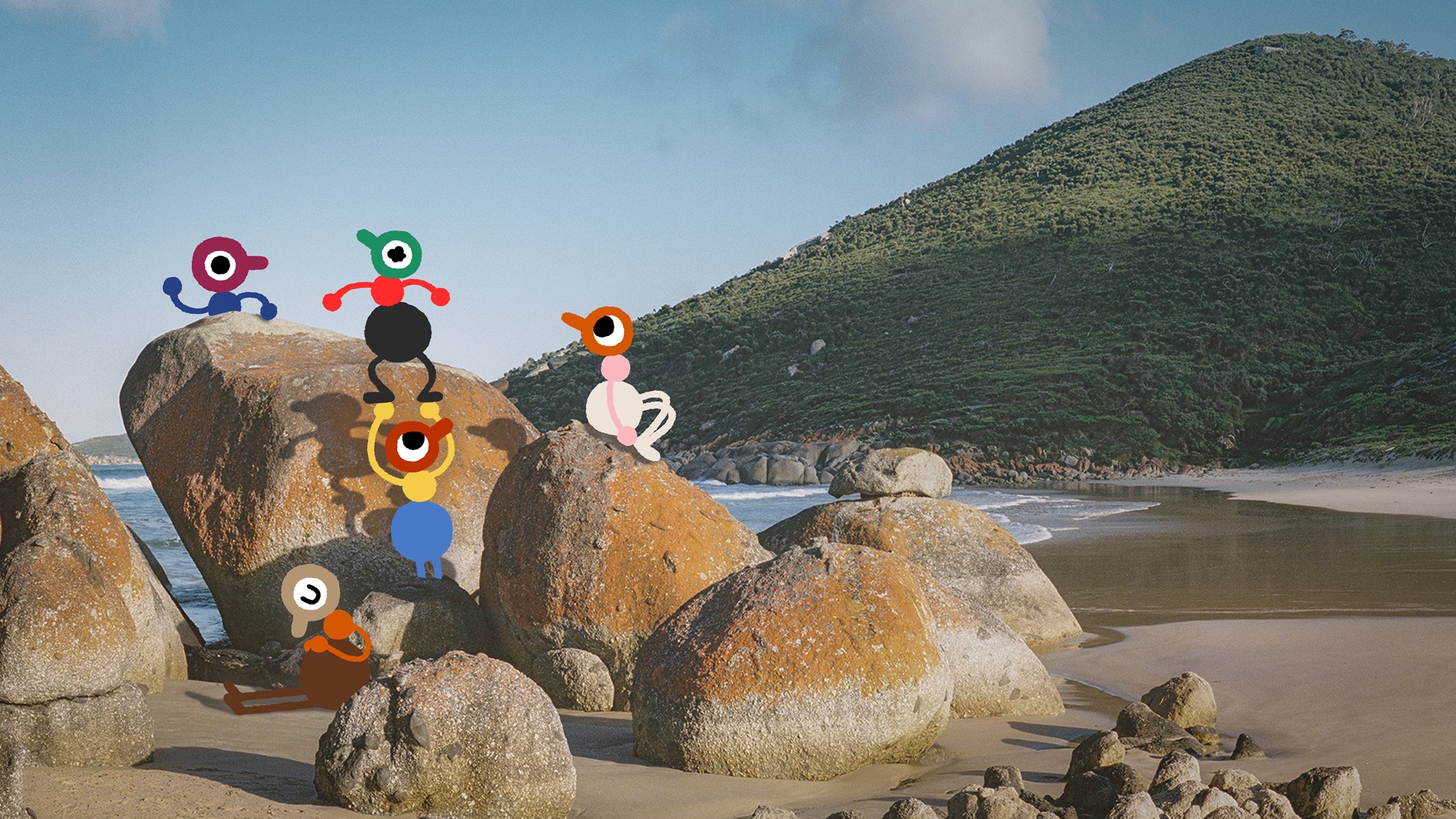 Big Walk characters exploring the island together